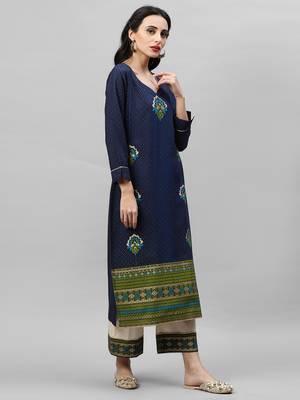 Indo Era Blue Foil Printed Straight kurta Palazzo Sets 4