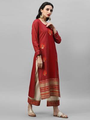 Indo Era Red Foil Printed Straight Kurta Palazzo Sets 4