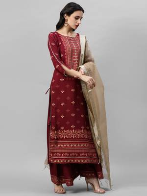 Indo Era Magenta Foil Printed Straight Kurta Palazzo with Dupatta Sets 4