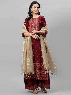 Indo Era Magenta Foil Printed Straight Kurta Palazzo with Dupatta Sets 5