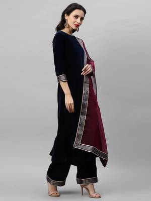 Indo Era Navy Blue Velvet Kurta Palazzo with Dupatta Sets 4