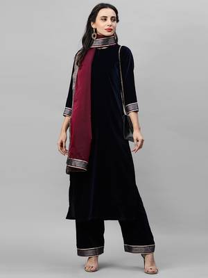 Indo Era Navy Blue Velvet Kurta Palazzo with Dupatta Sets 5