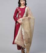 Indo Era Magenta Zari Embroidered Straight Kurta Palazzo with Dupatta Set