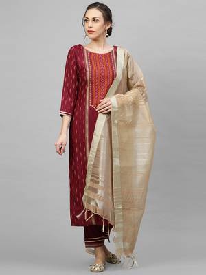 Indo Era Maroon Foil Printed Straight Kurta Trouser With Dupatta Sets 1