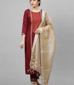 Indo Era Maroon Foil Printed Straight Kurta Trouser With Dupatta Sets