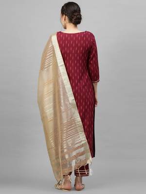 Indo Era Maroon Foil Printed Straight Kurta Trouser With Dupatta Sets 2