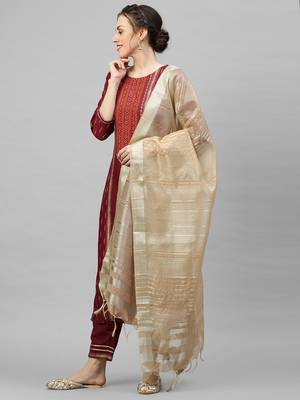 Indo Era Maroon Foil Printed Straight Kurta Trouser With Dupatta Sets 3