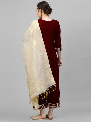 Indo Era Maroon Velvet Kurta Palazzo With Dupatta Sets 2