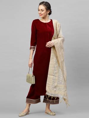 Indo Era Maroon Velvet Kurta Palazzo With Dupatta Sets 4