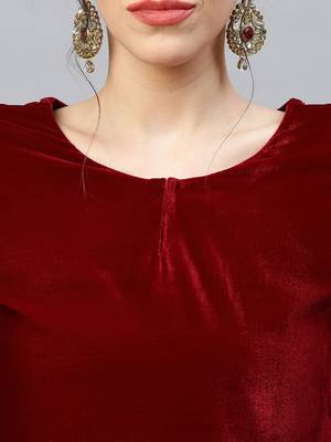 Indo Era Maroon Velvet Kurta Palazzo With Dupatta Sets 5