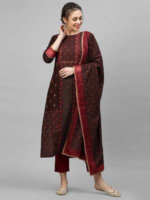 Indo Era Brown Foil Printed Straight Kurta Trouser With Dupatta Sets 1