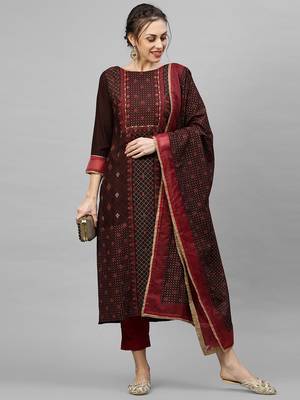 Indo Era Brown Foil Printed Straight Kurta Trouser With Dupatta Sets 4