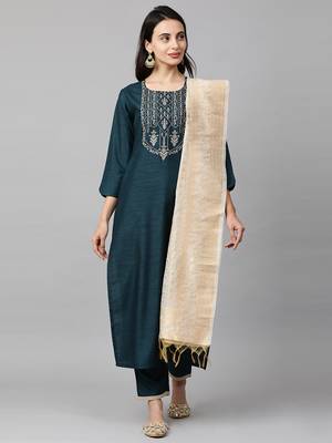 Indo Era Blue Embroidered Straight Kurta  Trouser With Dupatta  Sets 1