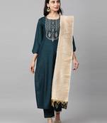 Indo Era Blue Embroidered Straight Kurta  Trouser With Dupatta  Sets