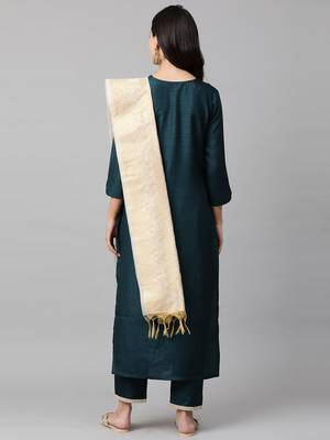 Indo Era Blue Embroidered Straight Kurta  Trouser With Dupatta  Sets 2