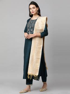 Indo Era Blue Embroidered Straight Kurta  Trouser With Dupatta  Sets 3