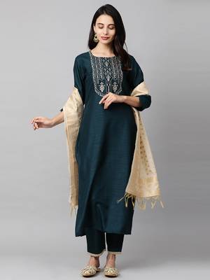 Indo Era Blue Embroidered Straight Kurta  Trouser With Dupatta  Sets 4