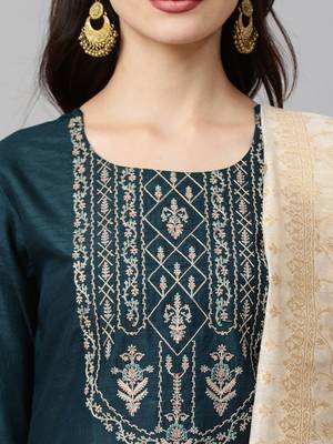 Indo Era Blue Embroidered Straight Kurta  Trouser With Dupatta  Sets 5