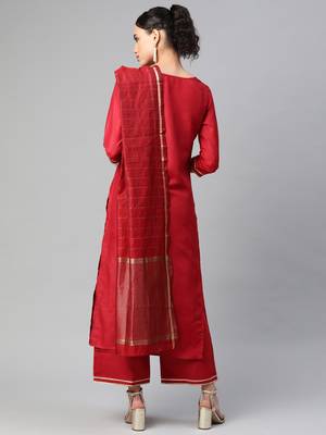 Indo Era Maroon Solid Straight Kurta Palazzo with Dupatta Set 2