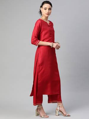 Indo Era Maroon Solid Straight Kurta Palazzo with Dupatta Set 3