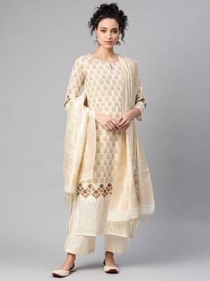 Indo Era Cream Foil Printed Straight Kurta Palazzo with Dupatta Sets 1