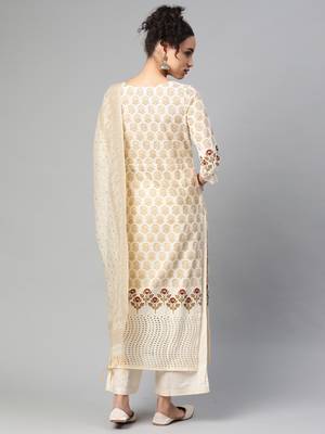 Indo Era Cream Foil Printed Straight Kurta Palazzo with Dupatta Sets 2