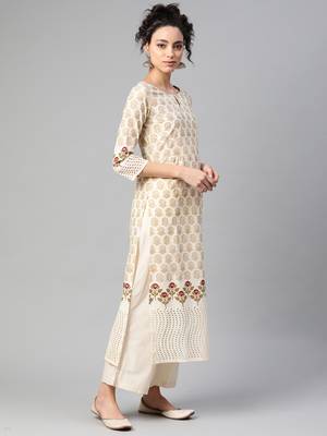 Indo Era Cream Foil Printed Straight Kurta Palazzo with Dupatta Sets 3