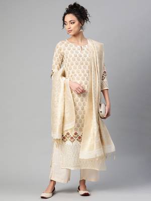 Indo Era Cream Foil Printed Straight Kurta Palazzo with Dupatta Sets 4