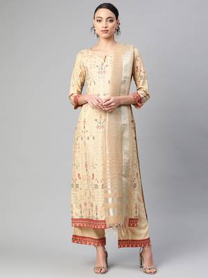 Indo Era Beige Foil Printed Straight Kurta with Palazzo Dupatta Set 1