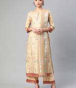 Indo Era Beige Foil Printed Straight Kurta with Palazzo Dupatta Set
