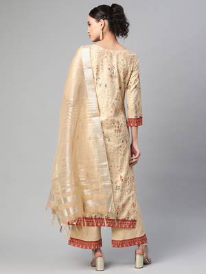Indo Era Beige Foil Printed Straight Kurta with Palazzo Dupatta Set 2