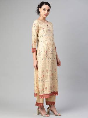 Indo Era Beige Foil Printed Straight Kurta with Palazzo Dupatta Set 3