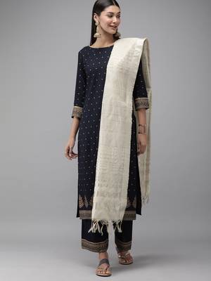 Indo Era Navy Blue Foil Printed Straight Kurta Palazzo 1