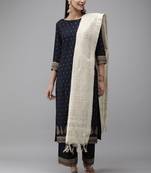 Indo Era Navy Blue Foil Printed Straight Kurta Palazzo