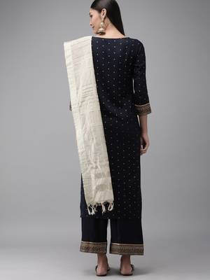Indo Era Navy Blue Foil Printed Straight Kurta Palazzo 2
