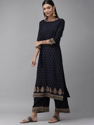 Indo Era Navy Blue Foil Printed Straight Kurta Palazzo 3