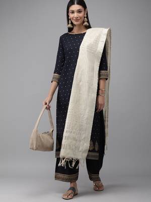 Indo Era Navy Blue Foil Printed Straight Kurta Palazzo 4