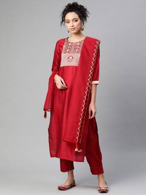 Indo Era Red Solid Straight Kurta Trouser with Dupatta Set 1
