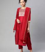 Indo Era Red Solid Straight Kurta Trouser with Dupatta Set