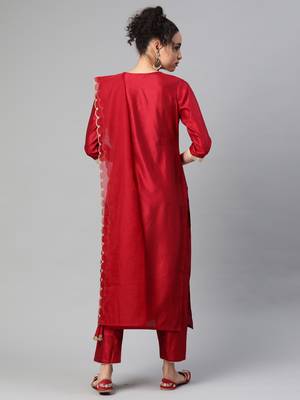 Indo Era Red Solid Straight Kurta Trouser with Dupatta Set 2