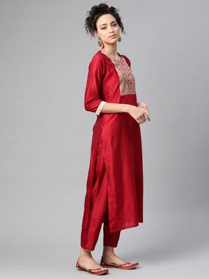 Indo Era Red Solid Straight Kurta Trouser with Dupatta Set 3