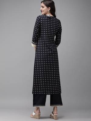 Indo Era Navy Blue Foil Printed Straight Kurta Palazzo Set 2