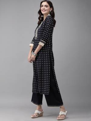 Indo Era Navy Blue Foil Printed Straight Kurta Palazzo Set 3
