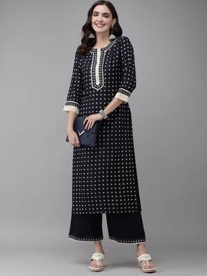 Indo Era Navy Blue Foil Printed Straight Kurta Palazzo Set 4