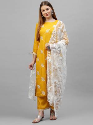Indo Era Yellow Embroidered Straight Kurta Palazzo With Dupatta Set 1