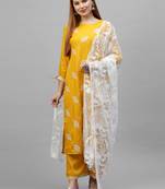 Indo Era Yellow Embroidered Straight Kurta Palazzo With Dupatta Set