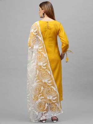 Indo Era Yellow Embroidered Straight Kurta Palazzo With Dupatta Set 2