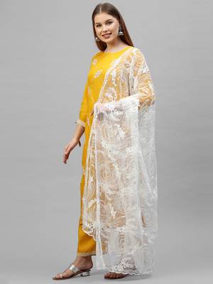 Indo Era Yellow Embroidered Straight Kurta Palazzo With Dupatta Set 3