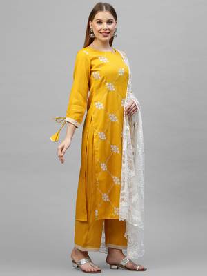 Indo Era Yellow Embroidered Straight Kurta Palazzo With Dupatta Set 4