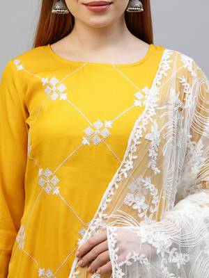 Indo Era Yellow Embroidered Straight Kurta Palazzo With Dupatta Set 5